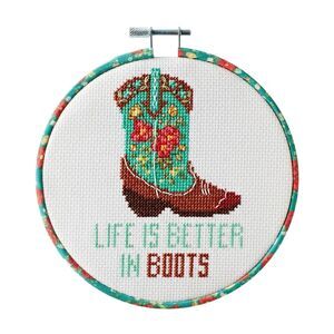 Pioneer Woman Cowboy Boot Cross Stitch Kit Needle Embroidery Hoop Thread Fabric